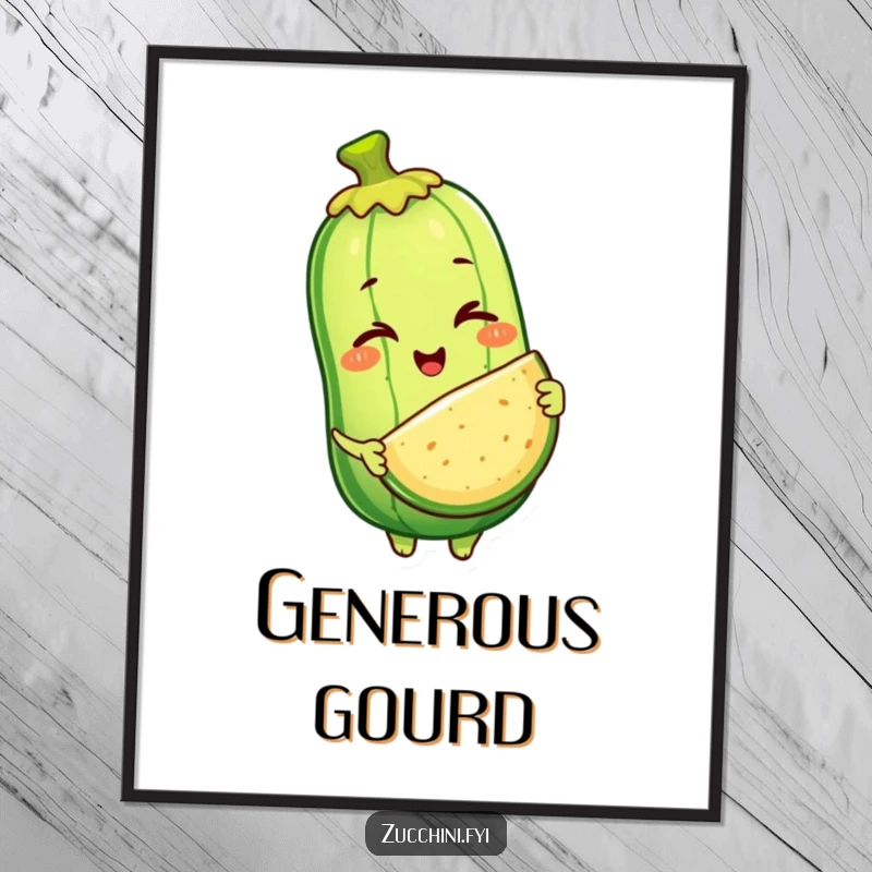 Funny digital art print of a winking anthropomorphic zucchini character offering a slice of itself, perfect for whimsical wall art or digital projects.