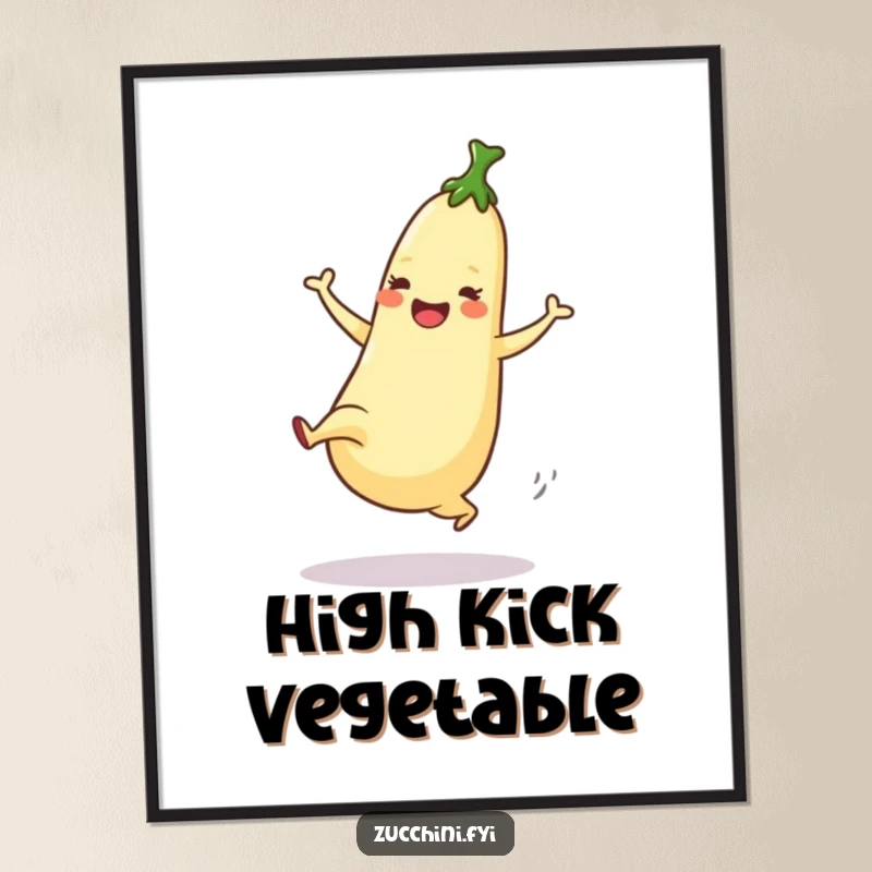 Funny Digital Art Print of a dancing zucchini enthusiastically performing a high kick with joyful energy.