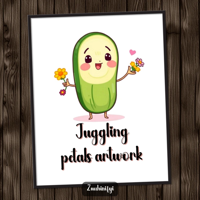 Funny digital art print of a cheerful zucchini slice character juggling small, vibrant edible flowers, a delightful and humorous artwork.