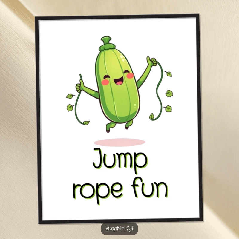 Funny digital art print of a giggling zucchini character jumping rope with a vine, offering instant downloadable vegetable humor and personality.