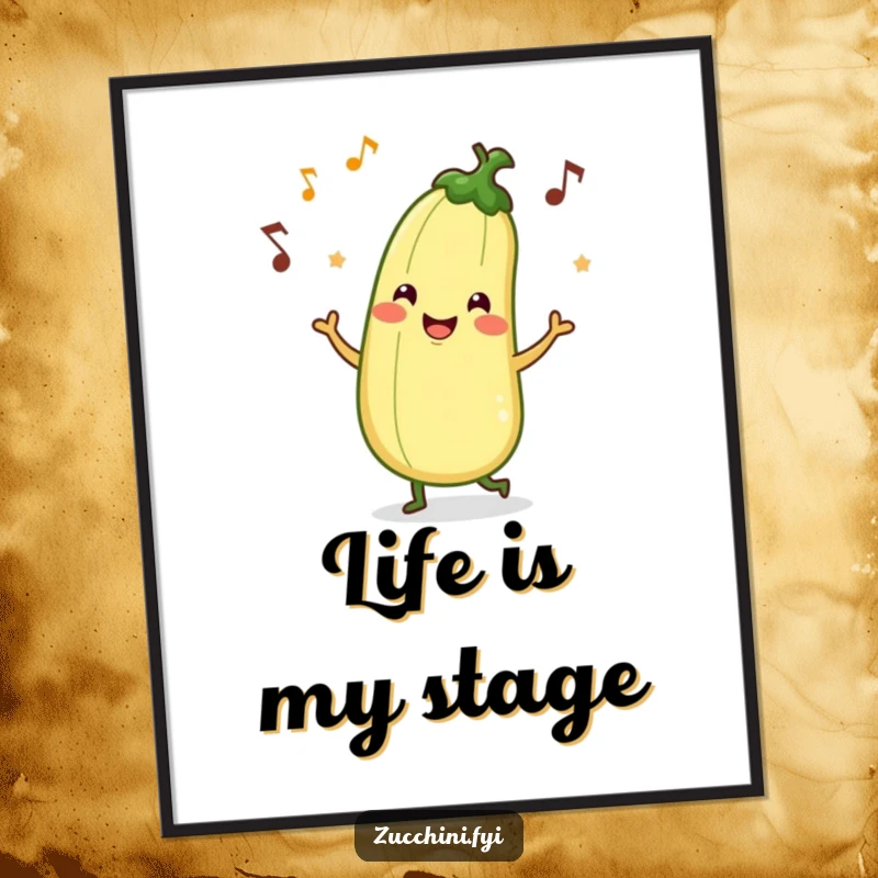 Funny digital art print capturing a smiling zucchini character in a spirited jig with musical notes, radiating pure happiness and fun.