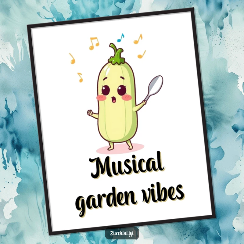 Surprised zucchini sprouting musical notes while dancing with a spoon, high-res digital art.