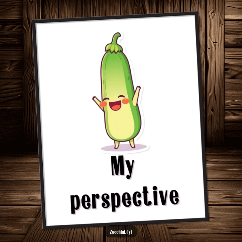 Funny digital art print of a laughing zucchini doing a handstand, perfect for instant humorous and joyful wall decor.
