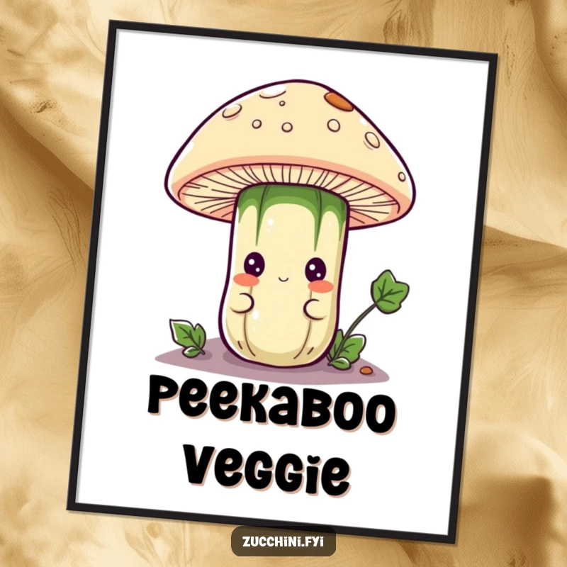 Funny digital art print of a curious anthropomorphic zucchini character peeking from under a mushroom cap, perfect for whimsical wall art or digital projects.