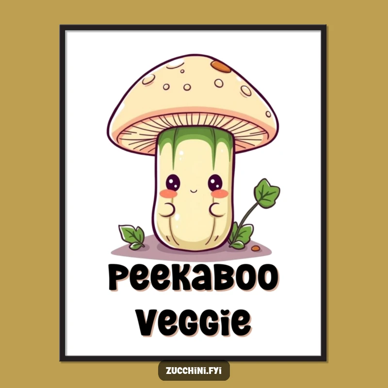 Funny Zucchini Mushroom Peek Digital Art Print: Curious Veggie Decor Gift
