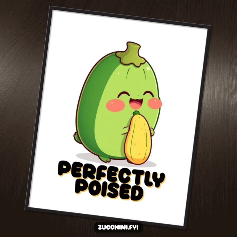 Funny digital art print of a zucchini character giggling while balancing a miniature zucchini on its nose, perfect for instant decor.