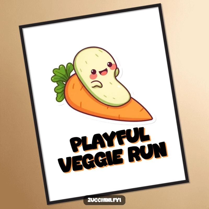 Funny zucchini digital art, a playful veggie character sliding down a carrot, downloadable art for humorous decor.