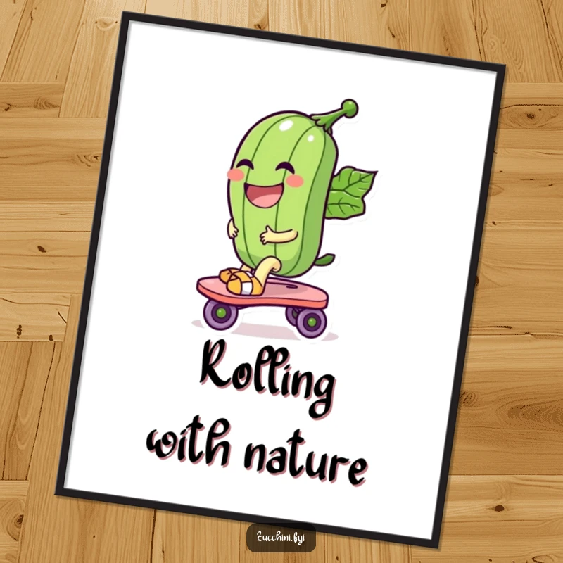 Funny digital art print of a laughing zucchini character riding a leaf roller skate, offering instant downloadable vegetable humor and personality.