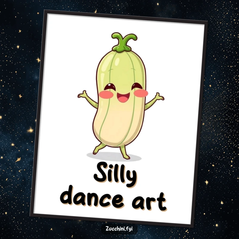 Funny digital art print of a giggling spiralized zucchini character in a lively, silly dance, a joyful and humorous artwork.