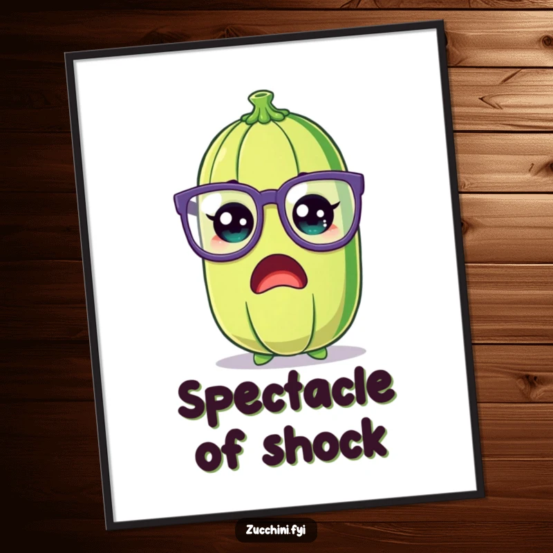 Funny Zucchini Digital Art Print of a shocked cartoon zucchini wearing large, silly glasses, a high-resolution image for humorous decor.