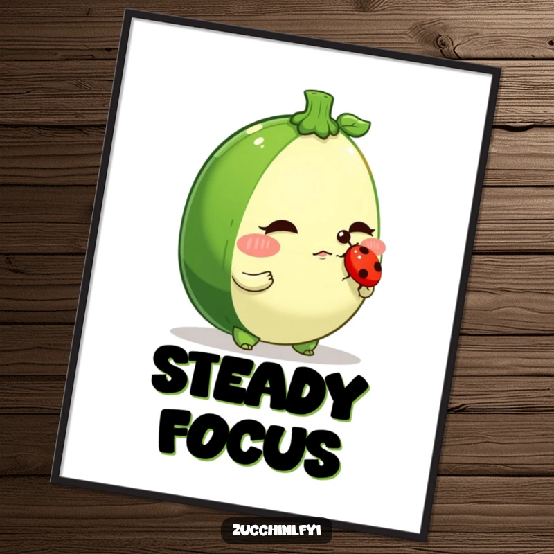 Funny zucchini digital art, a determined veggie character balancing a ladybug on its nose, downloadable art for humorous decor.