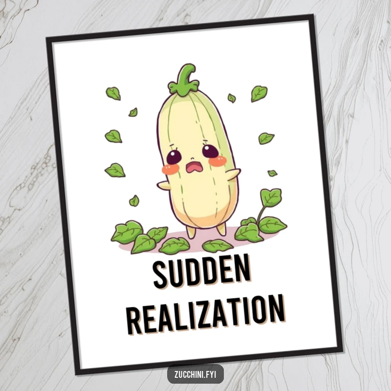 Funny startled zucchini digital art print of a shocked vegetable with leaves scattering, adding instant humorous surprise to walls.