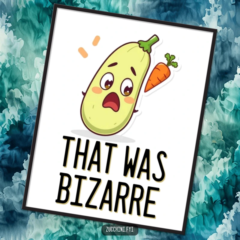 Funny digital art print of a zucchini with wide, shocked eyes witnessing a carrot flying past.