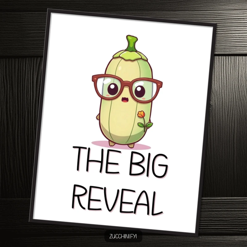 Funny digital art print capturing a zucchini wearing oversized glasses, looking comically surprised by a tiny sprouting plant, adding humor to decor.