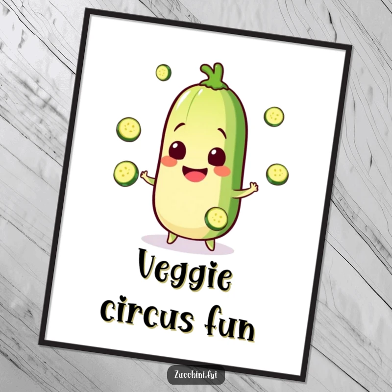 Funny Kawaii zucchini digital art print of a happy character juggling slices, offering instant humorous fun and a cute aesthetic, ideal for gifting.