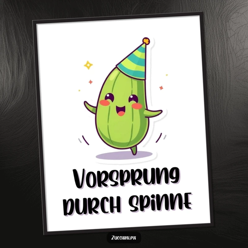 Funny digital art print of a zany zucchini in a party hat, captured mid-spin, bursting with celebratory, vegetable energy.
