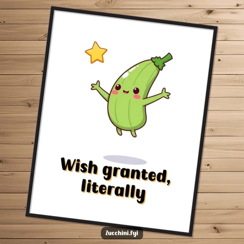 Funny Jumping Zucchini Digital Art Print: A zucchini jumps to catch a falling star, perfect for inspiring and humorous downloadable decor.