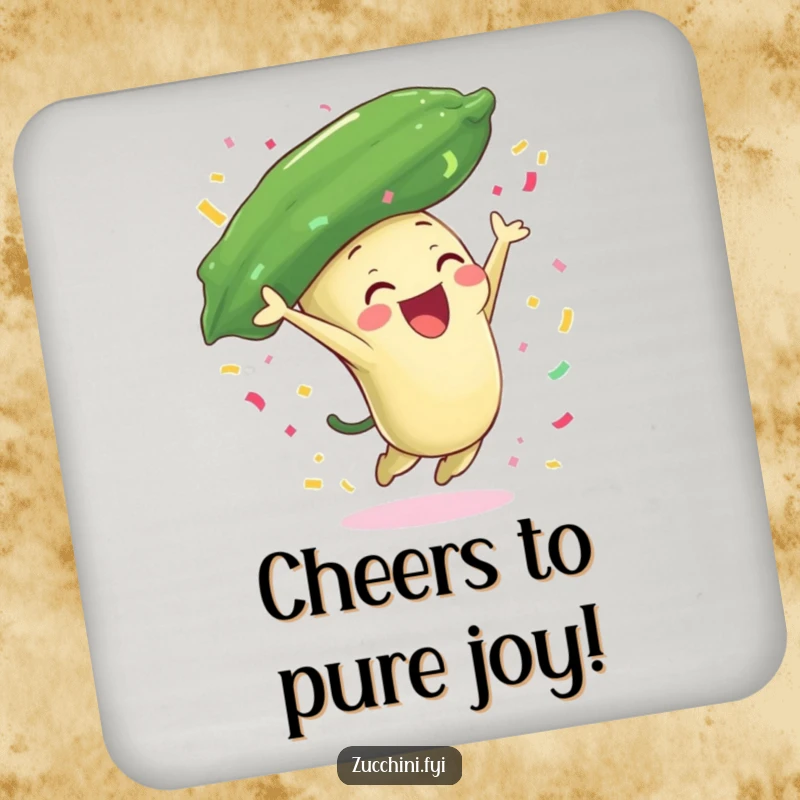 Funny zucchini coaster with a joyful zucchini character leaping and showering confetti, protecting surfaces with festive humor.