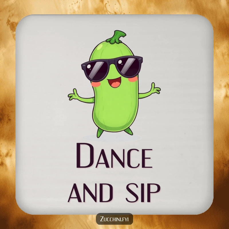 Funny Zucchini Coasters: Set of coasters featuring a smiling, dancing vegetable with sunglasses, offering groovy surface protection.