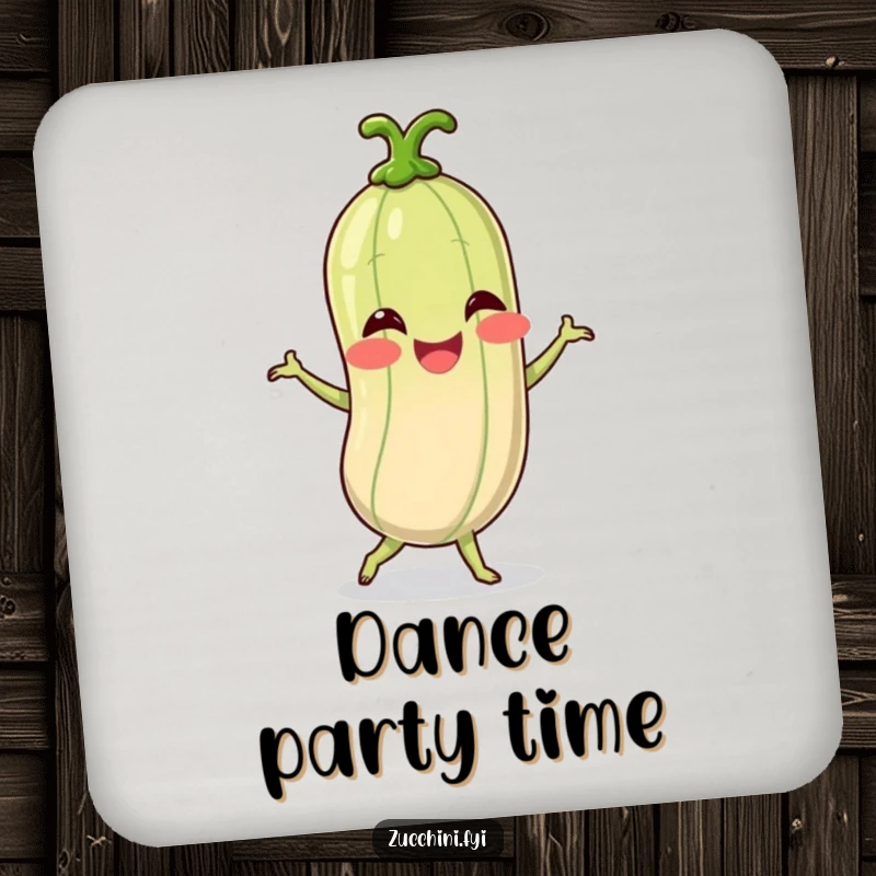Funny drink coasters with a giggling spiralized zucchini character dancing, adding a humorous and vibrant element to tabletops.