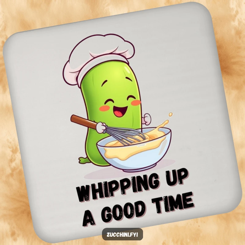 Funny zucchini chef whisking batter on a drink coaster, adding kitchen humor to any table.