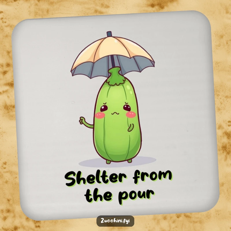 Funny confused zucchini balancing a tiny umbrella on its head, featured on a humorous drink coaster.