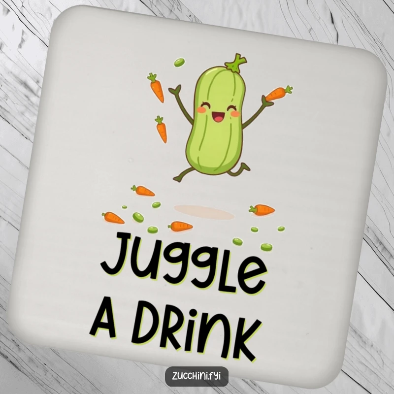 Funny zucchini with tiny legs juggling carrots and peas on a coaster, adding playful humor.