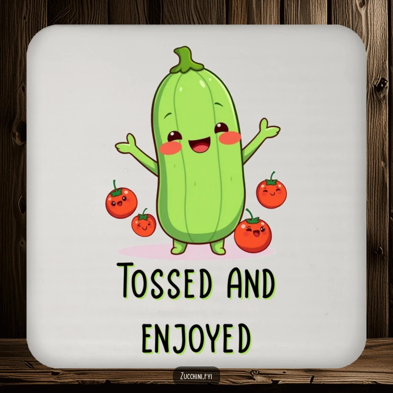 Funny kawaii zucchini drink coaster, featuring a cute illustration of a zucchini juggling happy tomatoes, protecting surfaces with a funny and playful design.