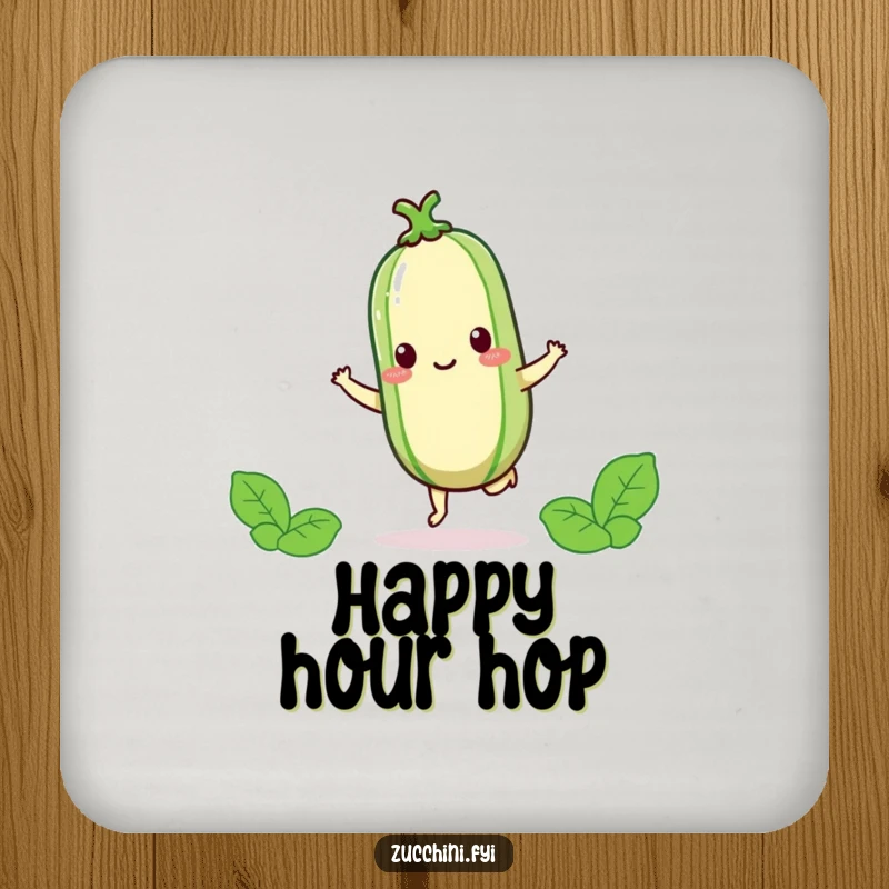 Funny kawaii zucchini hopping on one foot, a joyful and protective drink coaster.