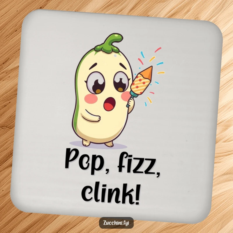 Funny surprised kawaii zucchini holding a confetti popper, a festive and protective drink coaster.