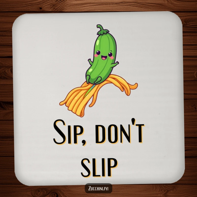 Funny zucchini sliding down a pasta rainbow on a coaster, adding whimsical humor.