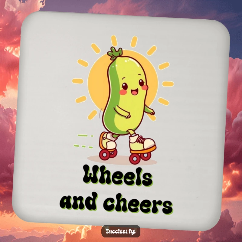 Funny zucchini on roller skates zips past a cartoon sun on a durable drink coaster, adding flair.