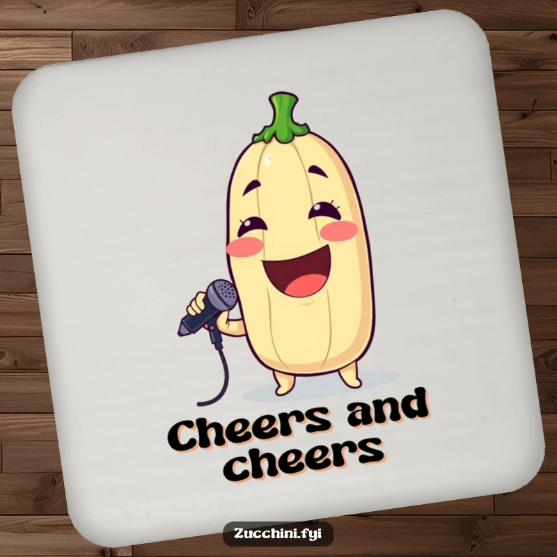 Funny coasters featuring a grinning zucchini holding a microphone, perfect for adding musical humor to drink service.
