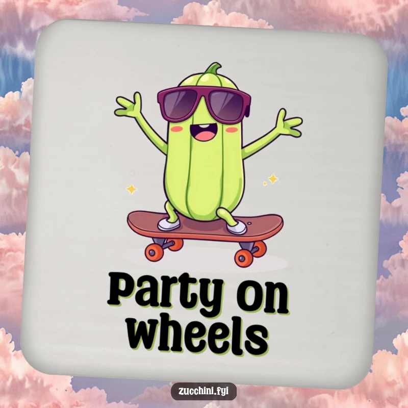 Funny kawaii zucchini drink coaster, featuring a cool zucchini skateboarding and dancing, protecting surfaces with a funny and rad design.