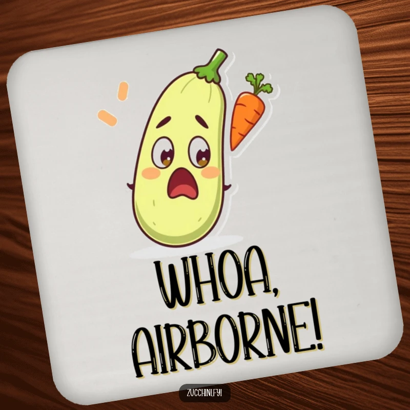 Funny drink coaster with a surprised zucchini reacting to a carrot flying overhead.