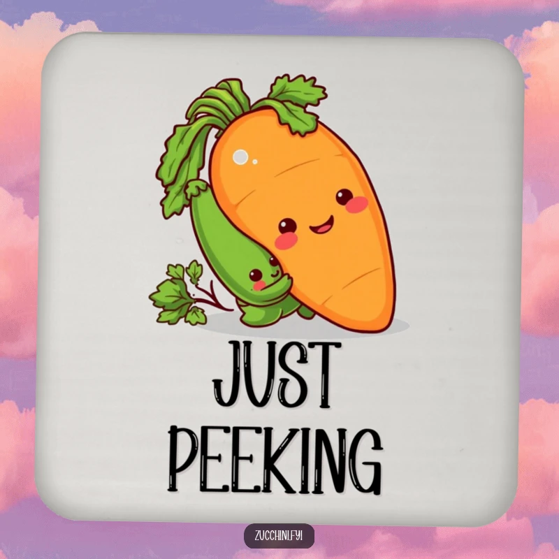 Funny Coaster featuring a sneaky zucchini peeking from behind a giant, smiling carrot, enjoying a playful prank.