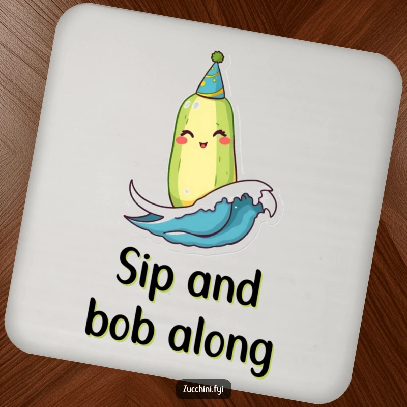 Funny Winking Zucchini Coaster: A smiling, winking zucchini in a party hat bobs on a tiny wave, protecting surfaces with a humorous design.