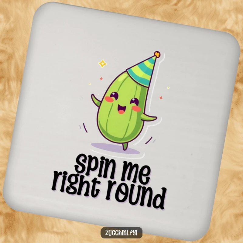 Funny drink coaster featuring a zany zucchini with a party hat, spinning to add a touch of hilarious celebration.