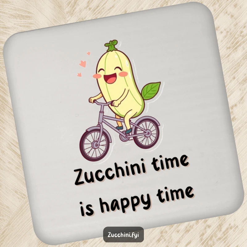 Funny Coaster: A laughing kawaii zucchini rides a miniature bicycle, a humorous and protective surface accent.