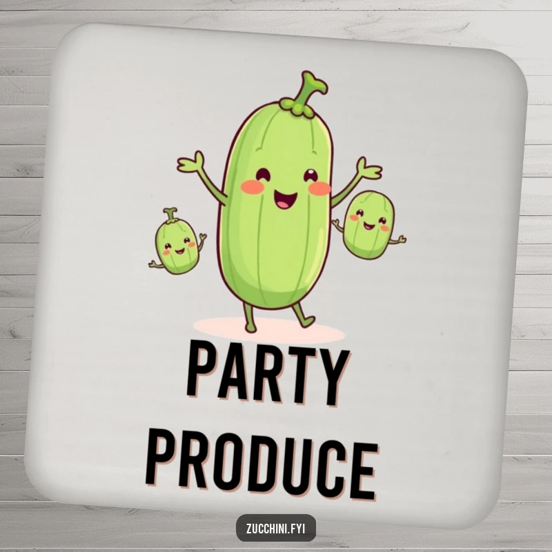 Funny zucchini juggling smaller zucchinis, on a drink coaster, showcasing veggie comedy, funny gift.