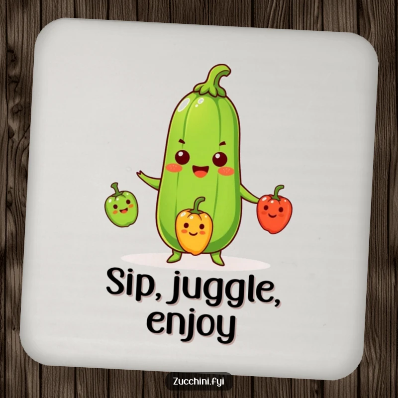 Funny Zucchini Drink Coaster showing a beaming cartoon zucchini juggling three miniature smiling peppers, adding humorous protection to tables.