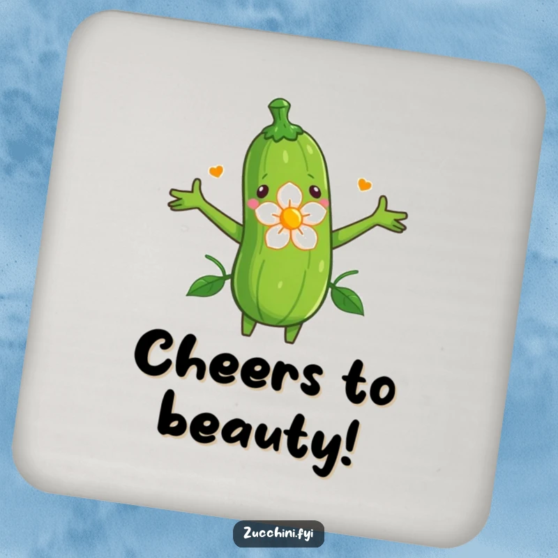 Funny drink coaster with a zucchini with arms outstretched, hugging a budding flower.