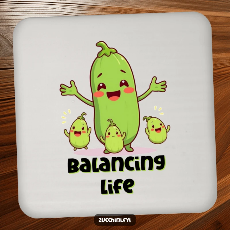 Funny drink coaster with a smiling zucchini character juggling three small zucchinis, protecting surfaces with a dash of vegetable-themed amusement.