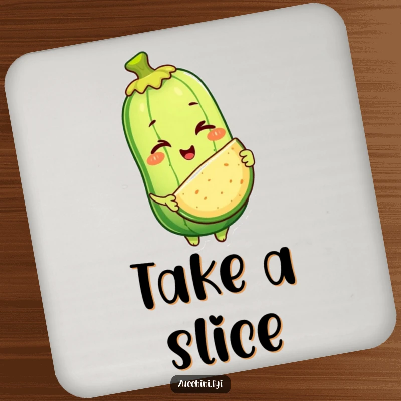 Funny drink coaster with a winking anthropomorphic zucchini character offering a slice of itself, protecting surfaces with a humorous and generous design.