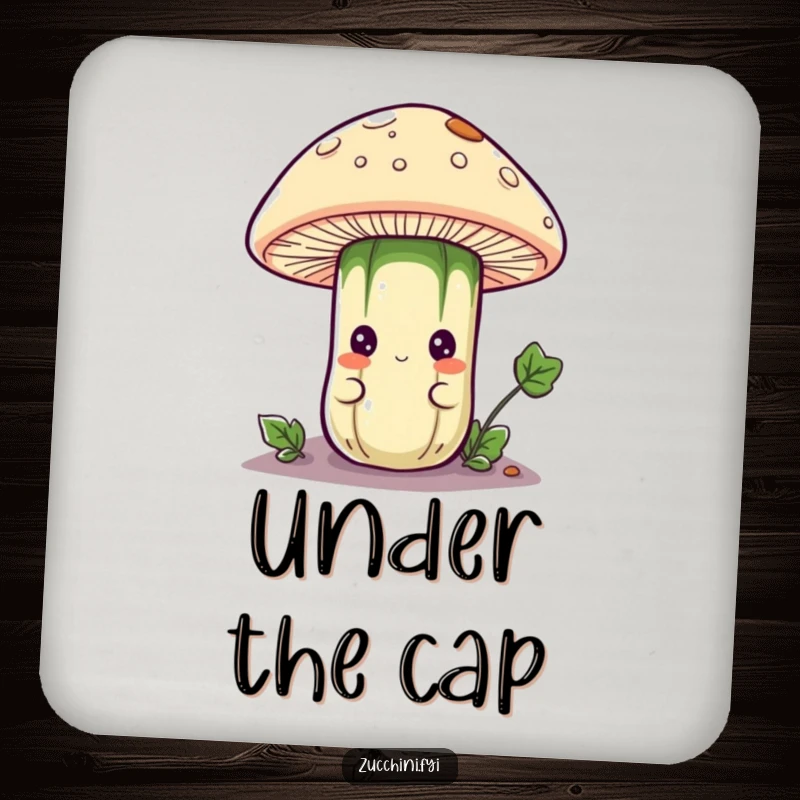 Funny drink coaster with a curious anthropomorphic zucchini character peeking from under a mushroom cap, protecting surfaces with a whimsical and mysterious design.