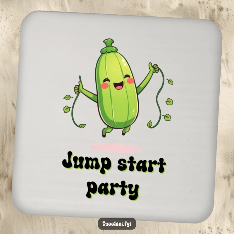 Funny drink coaster with a giggling zucchini character jumping rope with a vine, protecting surfaces with a dash of vegetable-themed amusement.
