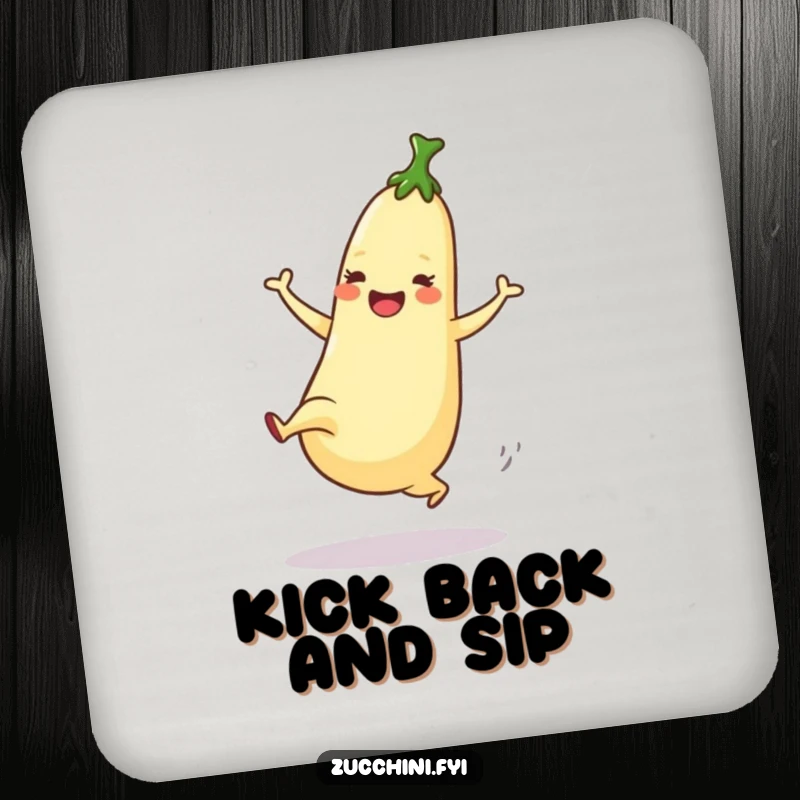 Funny Coaster featuring a dancing zucchini enthusiastically performing a high kick with joyful energy.