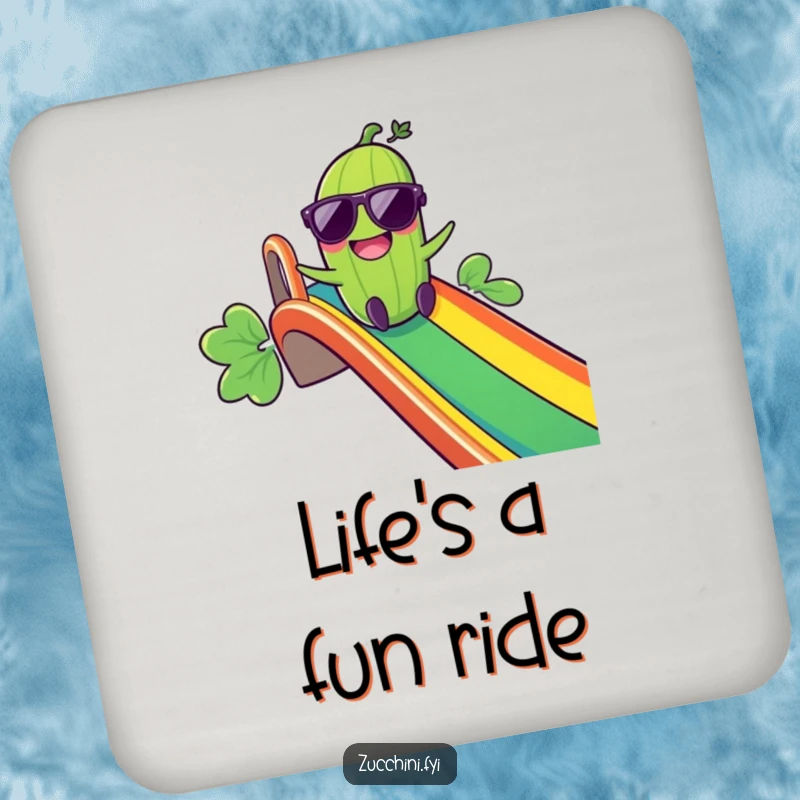 Funny Giggling Zucchini Coaster: A zucchini wearing sunglasses gleefully slides down a rainbow, protecting surfaces with a humorous and colorful design.
