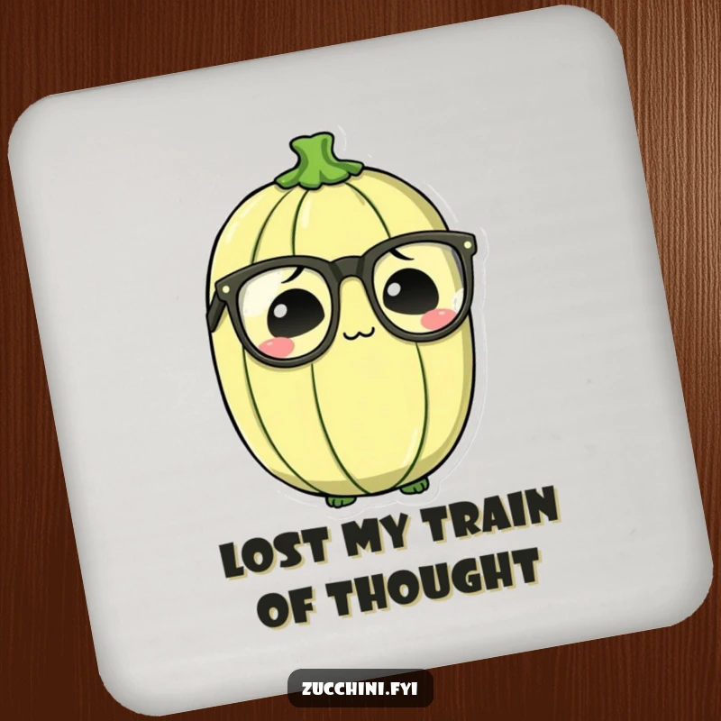 Funny Bewildered Zucchini Coaster featuring a zucchini wearing oversized spectacles, looking thoughtfully perplexed.