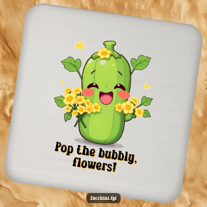 Funny drink coasters featuring a zucchini striking a silly pose with a bouquet of tiny zucchini flowers, adding garden humor.
